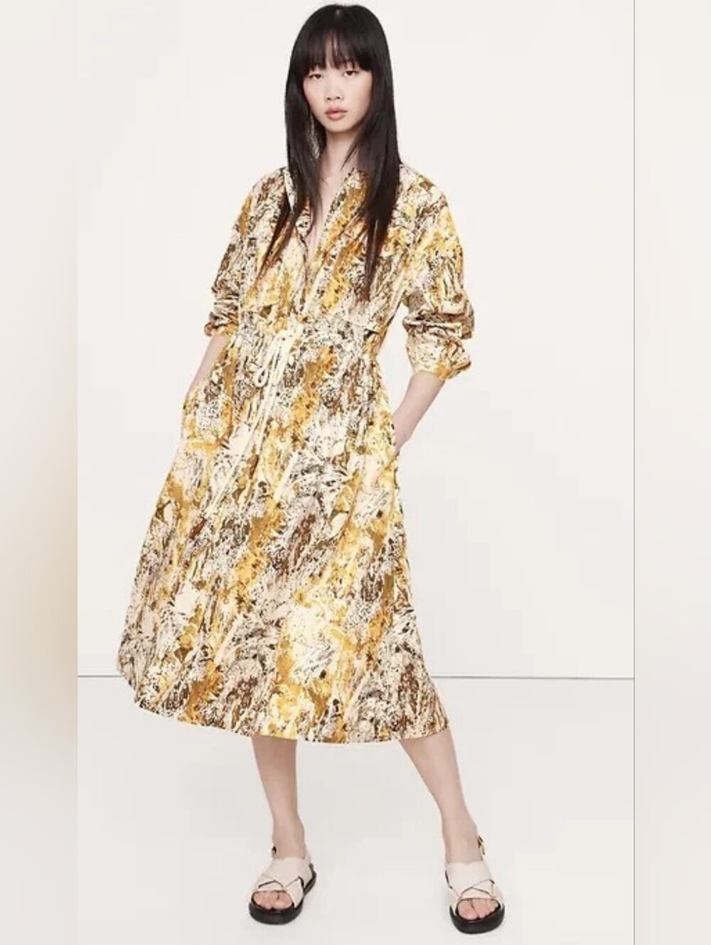 Banana Republic-Cotton Poplin Shirtdress Yellow Camo Print FALL